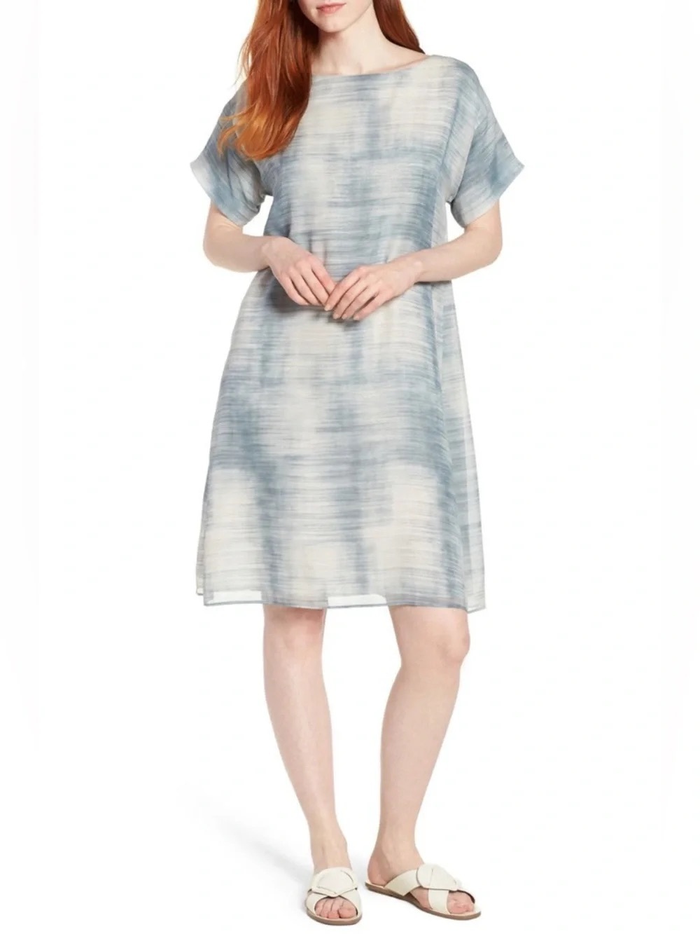 Eileen Fisher Bateau Neck Blue Daze Silk Shift Dress